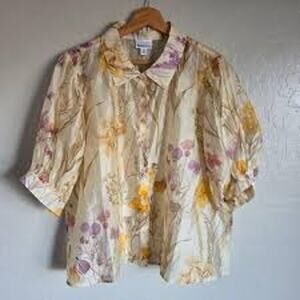 BAILEY 44 Semi Sheer Voile Floral Top PUFF SLEEVE Blouse Button Down Medium M